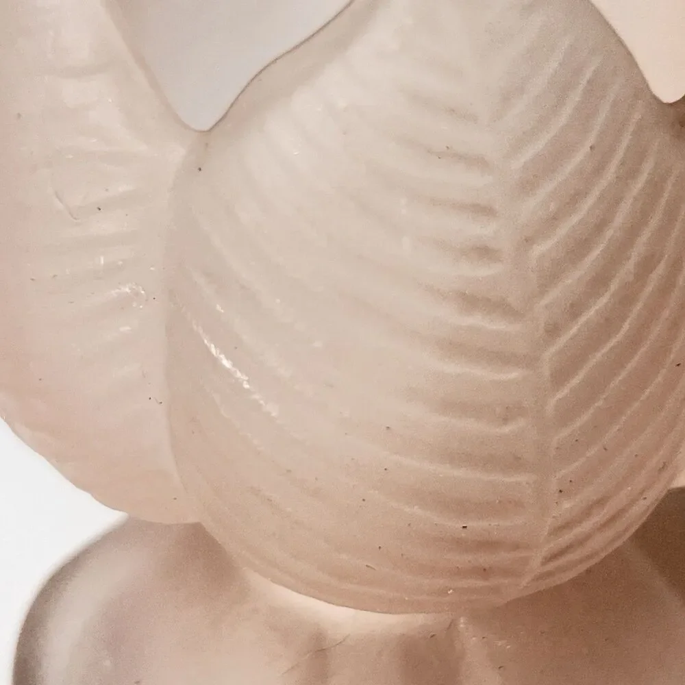 Vtg Tulip/Lotus Candle Holder Frosted Pink Embossed Glass - Leaf Pedestal MCM 3”